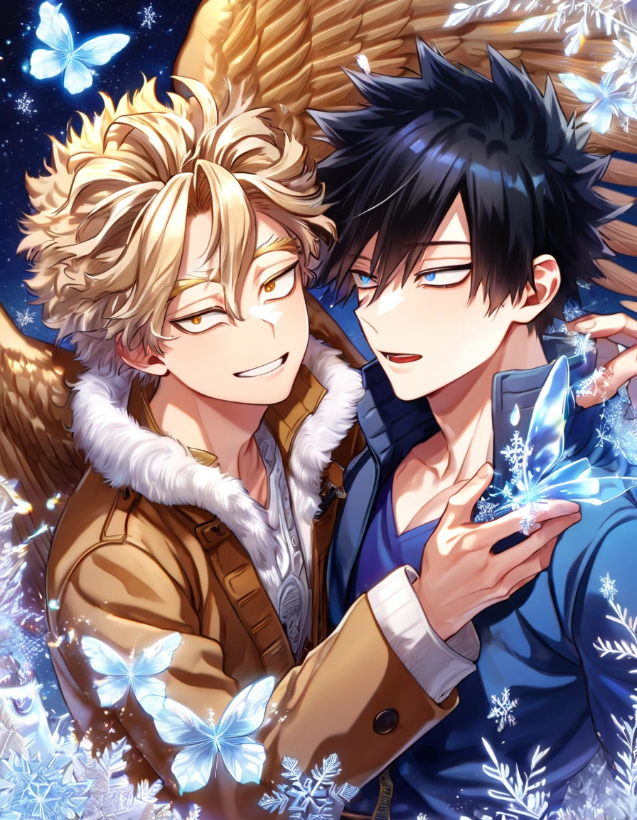 absurdres, highres, ultra detailed, HDR, master piece, best quality, extremely detailed face, delicated features, Hawks, ash blond hair, expressive brown golden eyes, Boku No Hero Academia, Gojou Satoru with black hair, expressive blue eyes, two sexy men, gay couple, yaoi, handsome, smile, blue jacket with fur, brown jacket with fur, fantasy, magical, ice, ice butterflies, snowflakes, starry night, envy magical