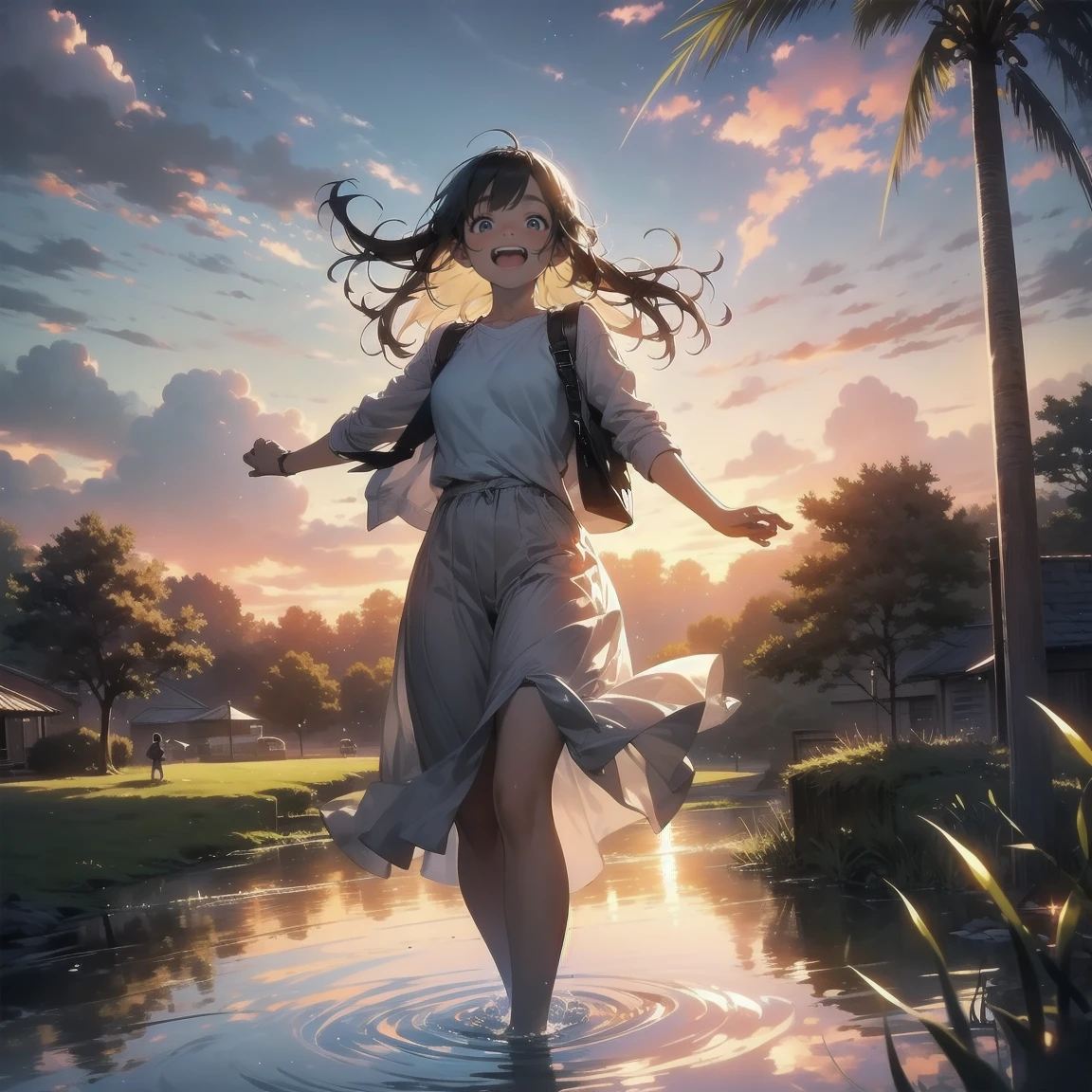 masterpiece, Highest quality, Movie stills, 1 Girl, Cloud Girl, Floating in the sky, close, bright, Happy, Warm and soft lighting, sunset, (spark:0.7)