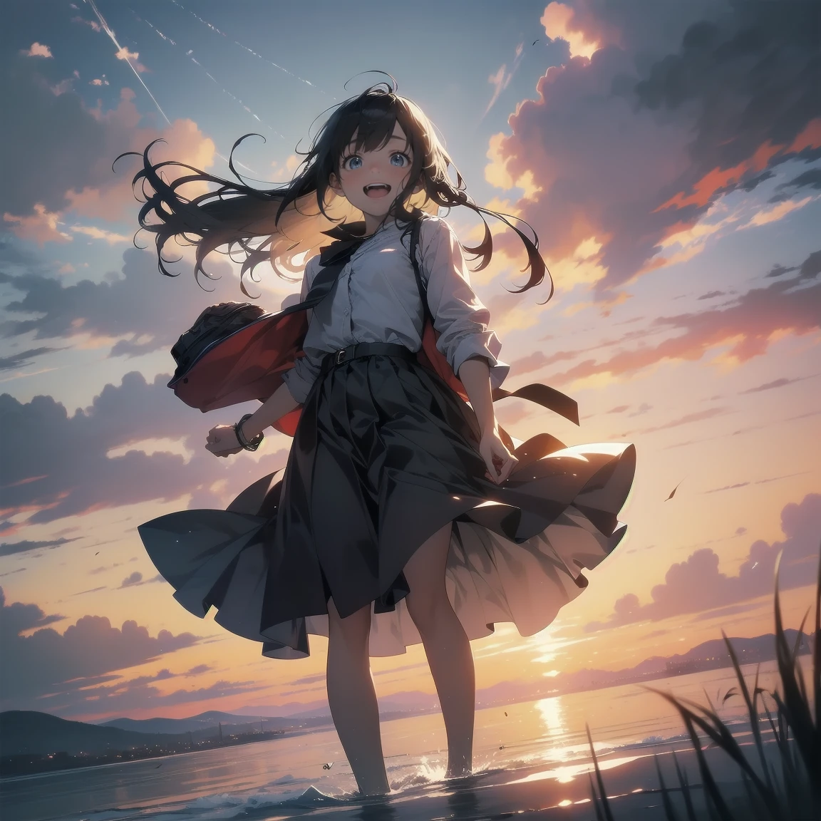 masterpiece, Highest quality, Movie stills, 1 Girl, Cloud Girl, Floating in the sky, close, bright, Happy, Warm and soft lighting, sunset, (spark:0.7)