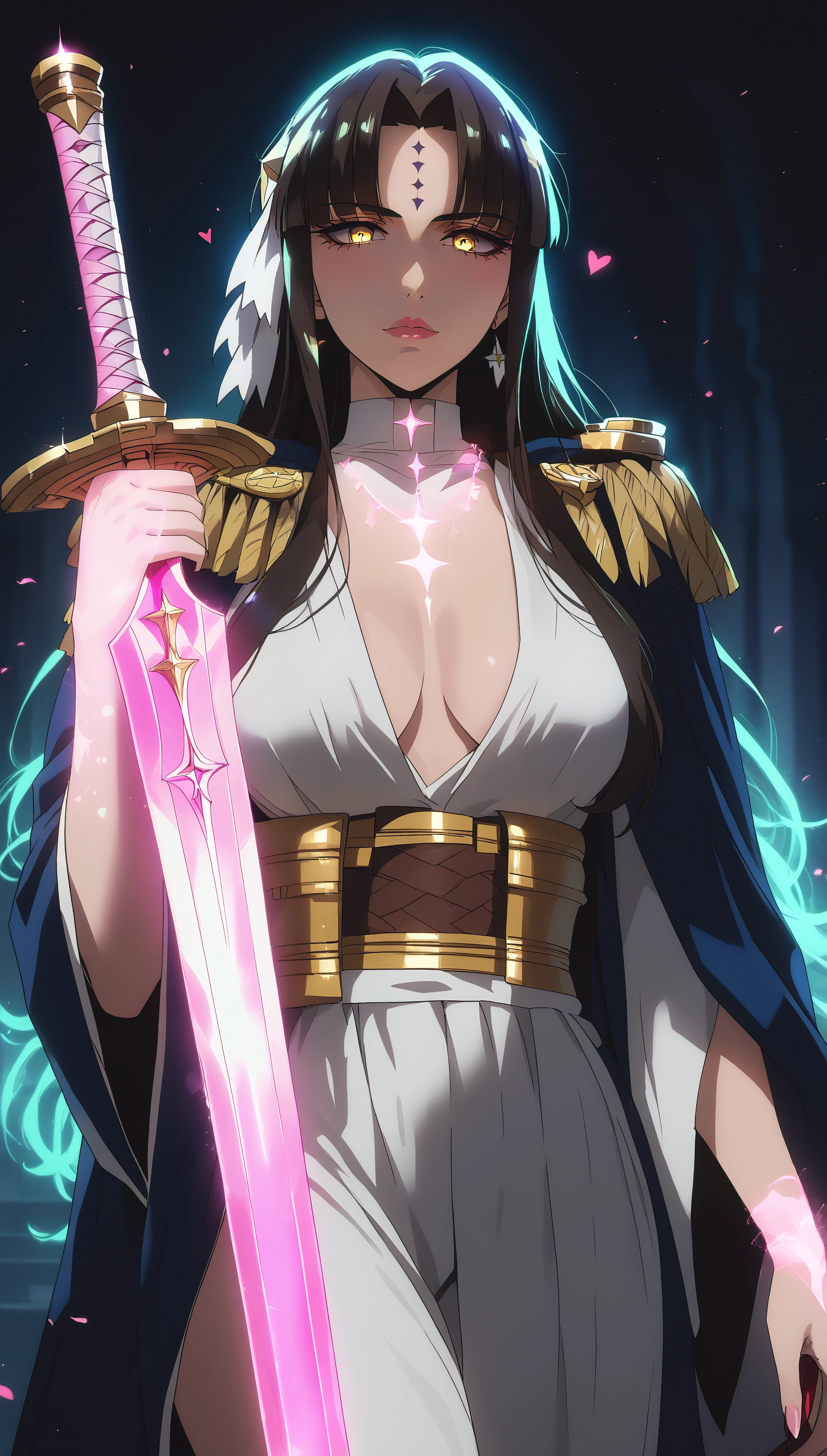 (harayutaka art style:0.7), score_9, score_8_up, score_7_up, score_6_up, uncensored, michiko tanaka, black hair, long hair, forehead mark, parted bangs, yellow eyes, BREAK (masterpiece:1.2), best quality, high resolution,(detailed eyes:1.3), perfect lighting, (perfect hands, perfect anatomy), hearts, pleasured, medium breasts, sagging breasts, holding, sword, holding a glowing ornate sword, hooded, hollow eyes, highly detailed armor, vibrant pink glow sword, illuminates the surrounding area, Pink embers particles floating, mystical ambiance, dark background, artwork, high contrast, glowing elements, Magical, fantastical, enchanting, vivid colors,