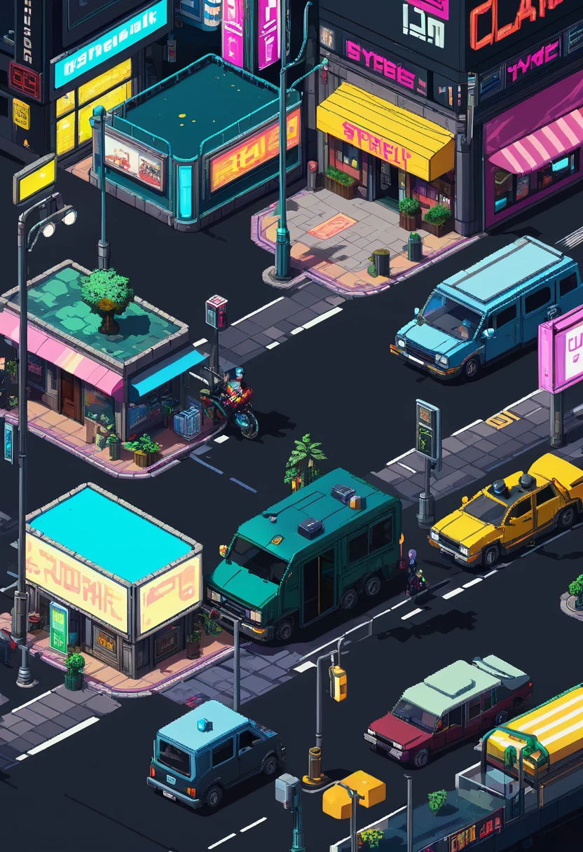 ((top view: 1.3, Cyberpunk: 1.2, street: 1.1), 2D game style, Pixel art style, transparency, Vibrant colors, lamp, Roads and cars are full of life, unique charm! )