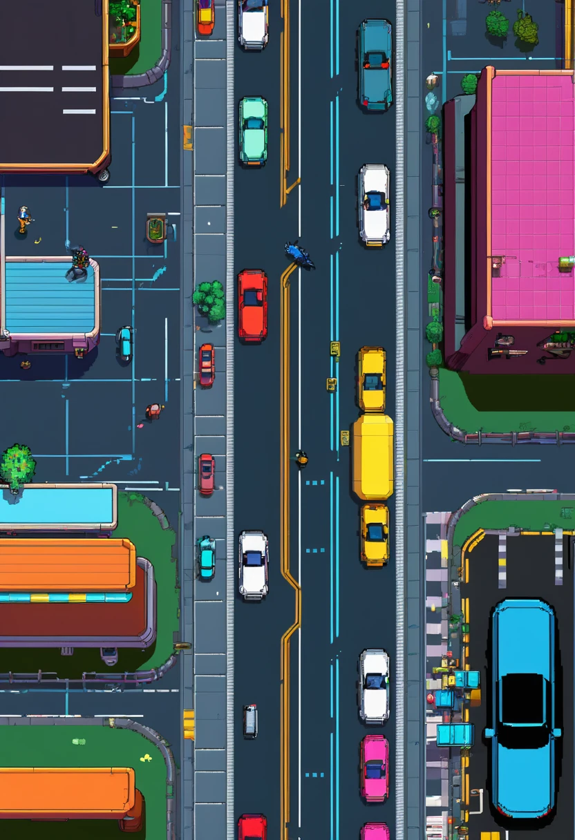 ((top view: 1.3, Cyberpunk: 1.2, street: 1.1), 2D game style, Pixel art style, transparency, Vibrant colors, lamp, Roads and cars are full of life, unique charm! )