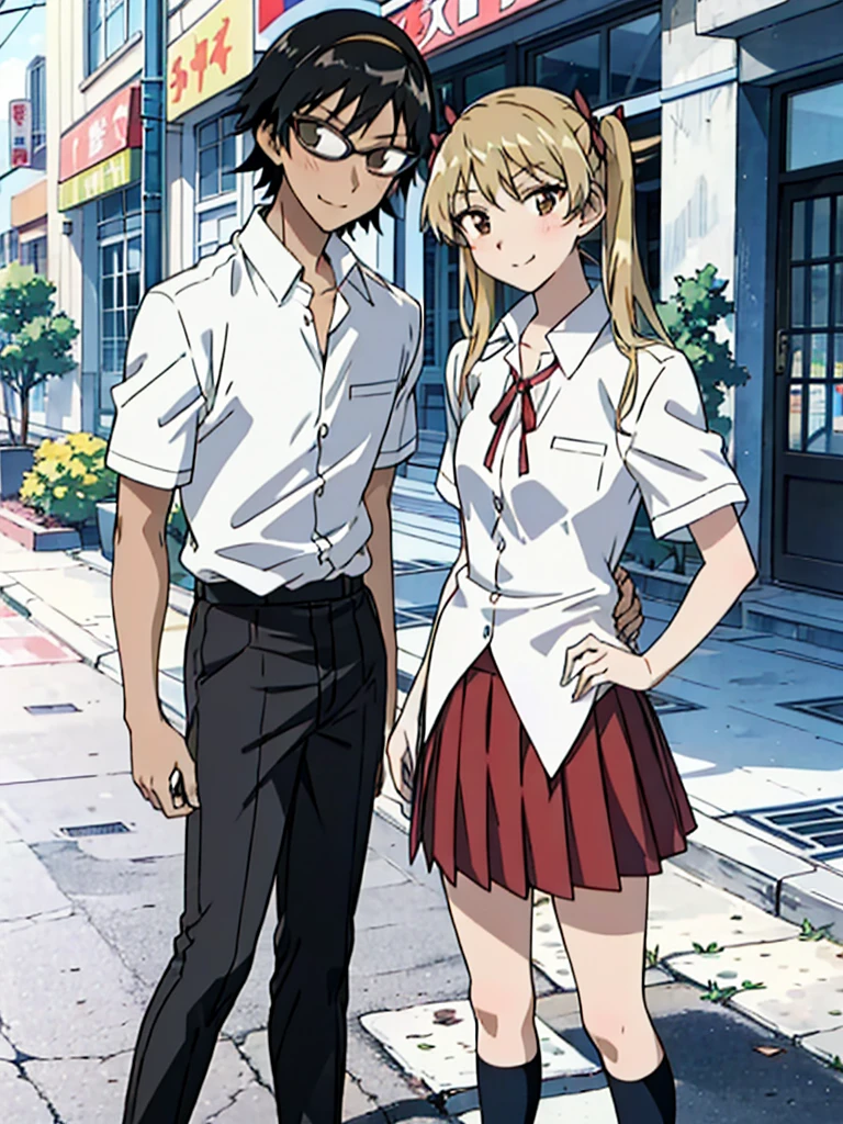 1 boy and 1 girl stand in the street,twintails,sawachika eri, brown eyes, hair ribbon,harimakenji, glasses, ,school uniform, red pleated skirt,eri,hairband, looking_at_viewer, serious, gakuran, white_shirt,smile,happy,two persons