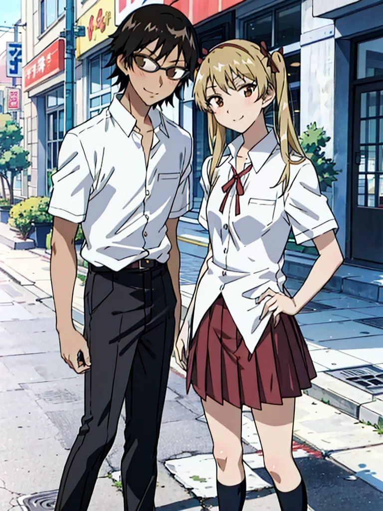 1 boy and 1 girl stand in the street,twintails,sawachika eri, brown eyes, hair ribbon,harimakenji, glasses, ,school uniform, red pleated skirt,eri,hairband, looking_at_viewer, serious, gakuran, white_shirt,smile,happy,two persons