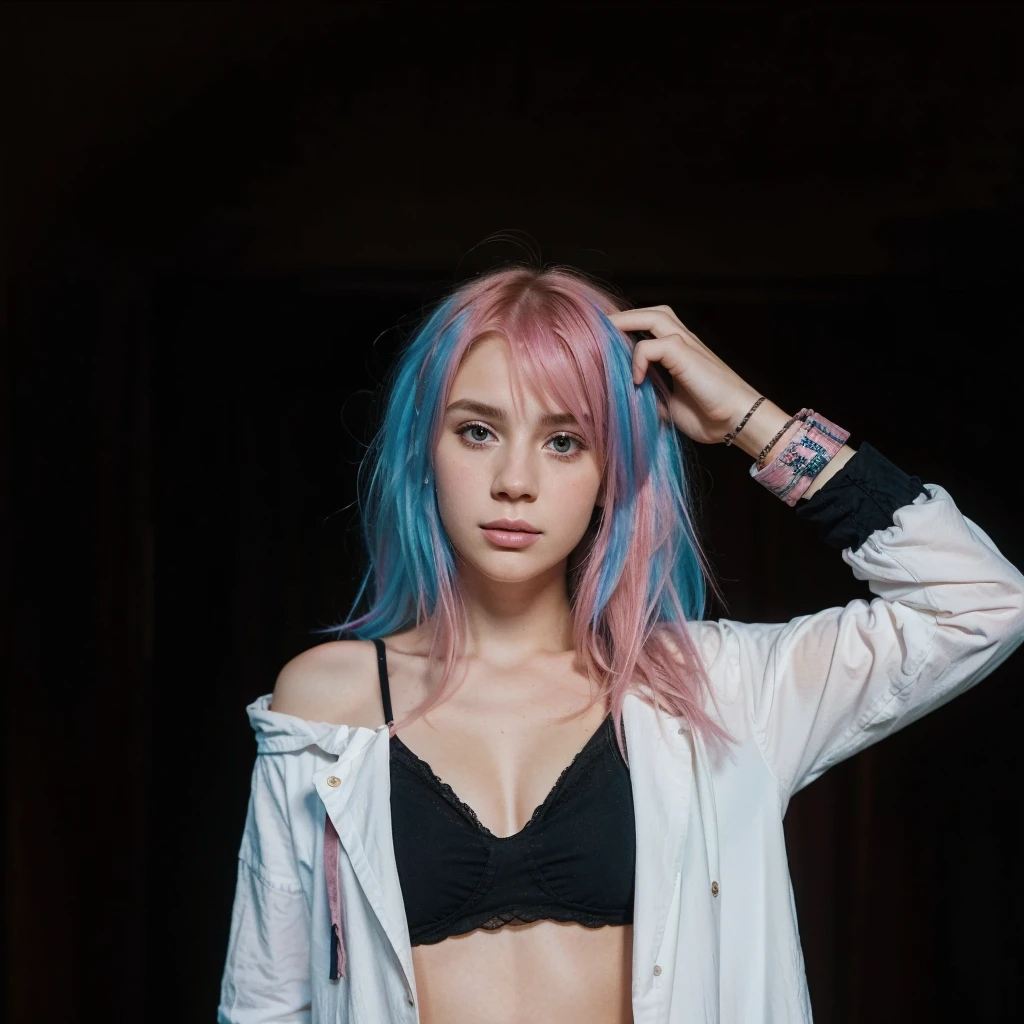 25-year-old Caucasian French girl with shoulder-length messy pink hair, adorned with , hair l . Captured in the best quality, this illustration serves as a 4K wallpaper,