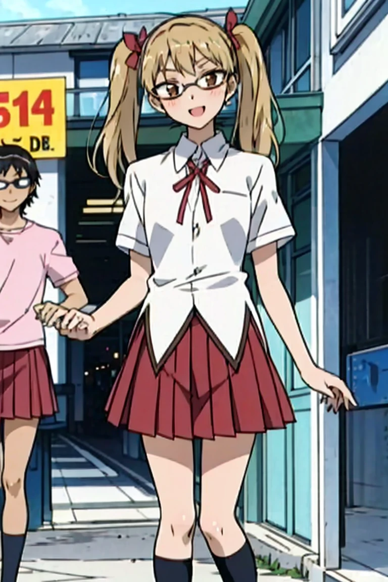 1 boy and 1 girl stand in the street,twintails,sawachika eri, brown eyes, hair ribbon,harimakenji, glasses, ,school uniform, red pleated skirt,eri,hairband, looking_at_viewer, serious, gakuran, white_shirt,smile,happy,two persons