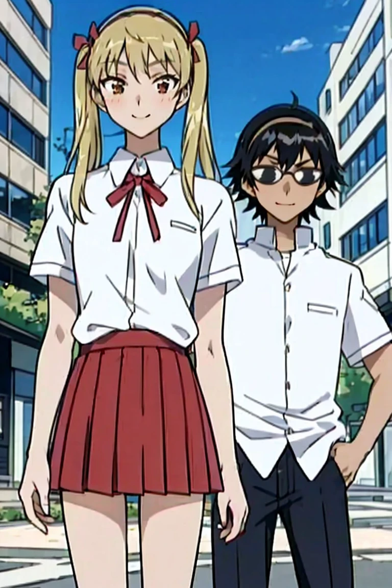 1 boy and 1 girl stand in the street,twintails,sawachika eri, brown eyes, hair ribbon,harimakenji, glasses, ,school uniform, red pleated skirt,eri,hairband, looking_at_viewer, serious, gakuran, white_shirt,smile,happy,two persons