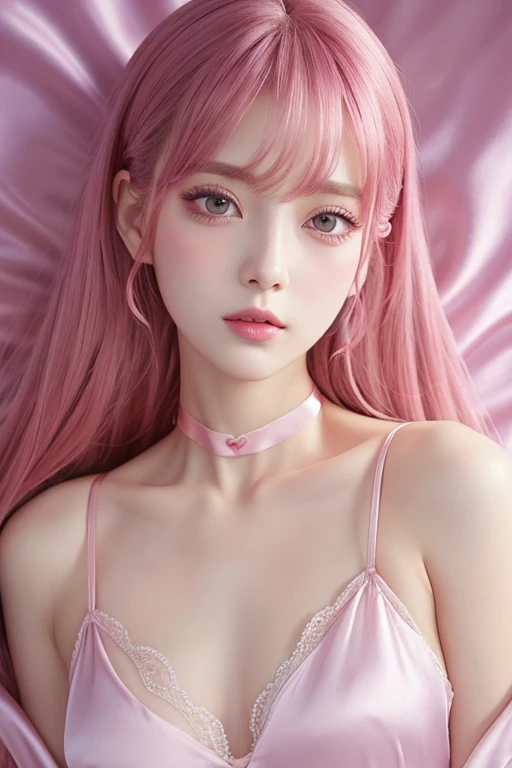body:1.1),Heart-shaped choker、Long eyelashes,Clear Eyes,Hyper Photorealism, Hyper HD, Tabletop,Keep dreaming,Please wear sheer silk pajamas.,Fantasy Space,Pink Background,front,anime