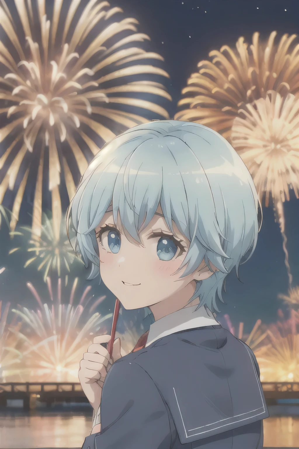 short hair，Blue Hair，Acting cute，fireworks，Look Back,JK school uniform