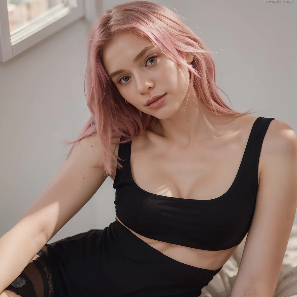 25-year-old Caucasian French girl with shoulder-length messy pink hair, adorned with , hair l . Captured in the best quality, this illustration serves as a 4K wallpaper,