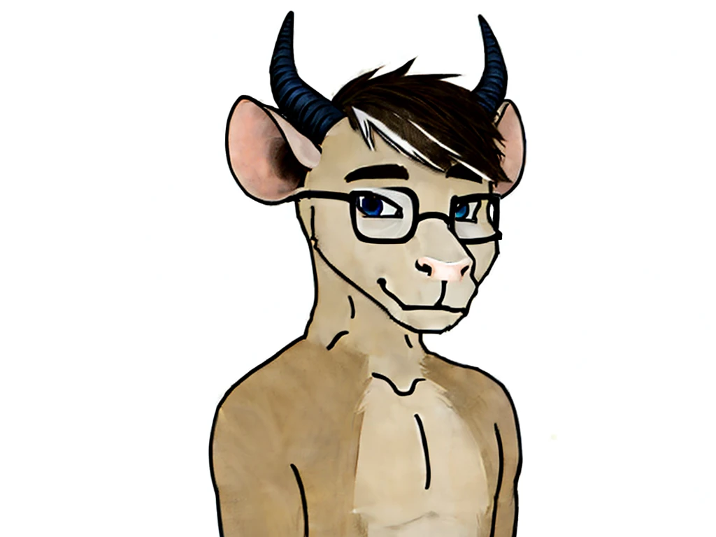 Solo, male, furry, goat-rat hybrid, ((goat horns)), mouse ears, ((light brown colored fur with white highlights)), (brown hair), blue eyes, mouse tail, adult, handsome, mature, (slim build),black wire glasses, wearing dress shirt, wojak