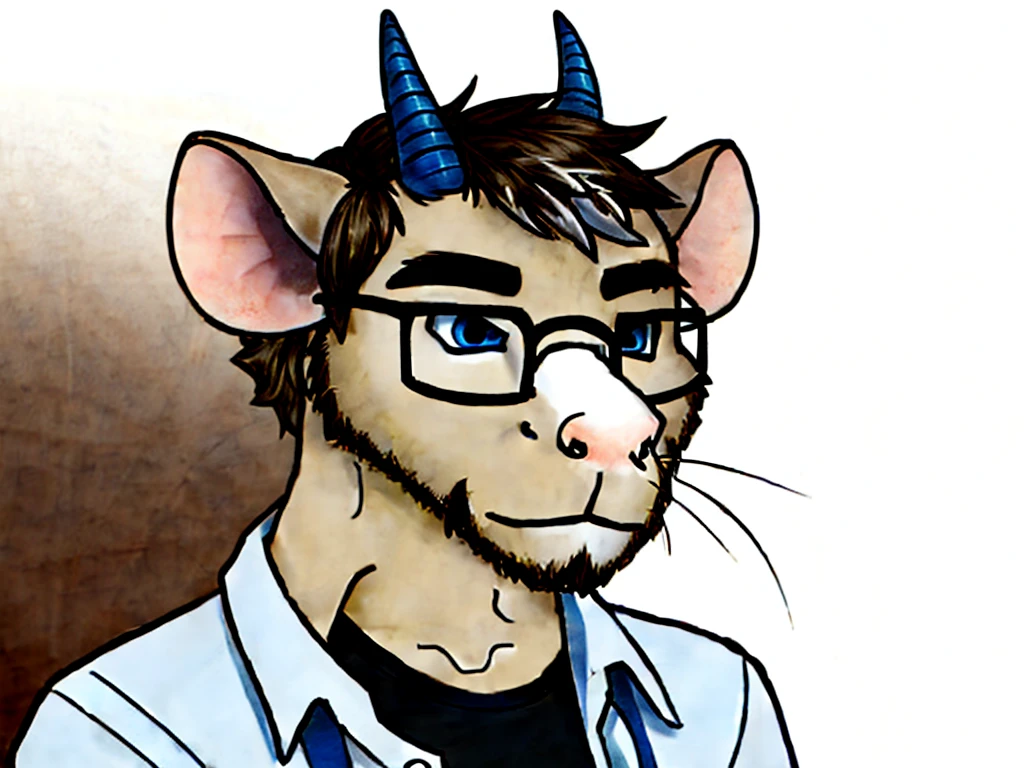 Solo, male, furry, goat-rat hybrid, ((goat horns)), mouse ears, ((light brown colored fur with white highlights)), (brown hair), blue eyes, mouse tail, adult, handsome, mature, (slim build),black wire glasses, wearing dress shirt, wojak