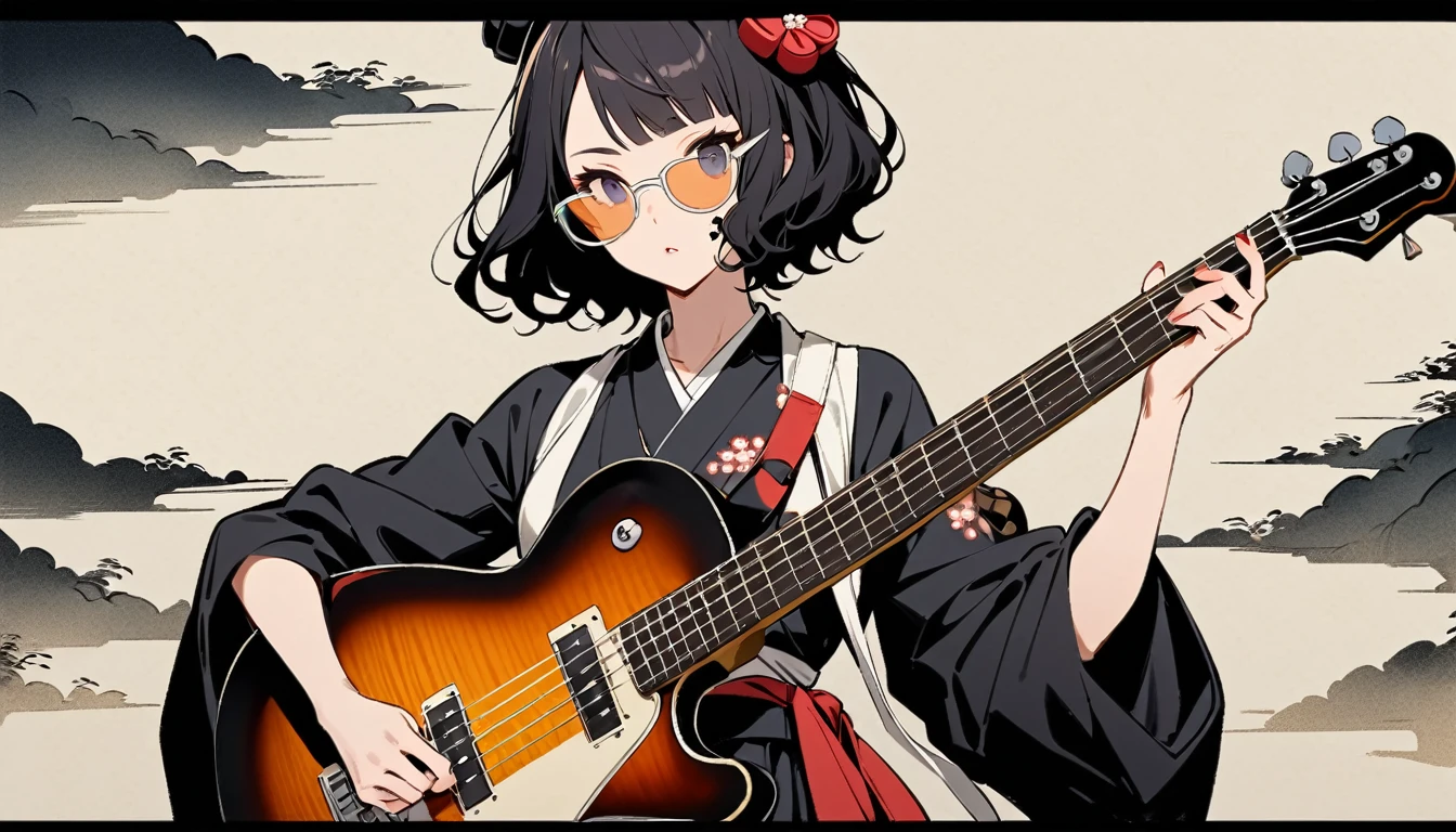 Highest quality, Katsushika Hokusai, Ink Painting, (((Playing the bass guitar))), (((Light colored sunglasses))), (((1 girl))), (((Tattoo on face))), Japanese style headphones, beautiful girl, Black Hair, Delicate and precise, Modern ukiyo-e style, Darkness