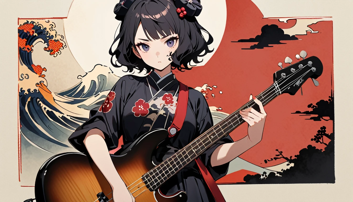 Highest quality, Katsushika Hokusai, Ink Painting, (((Playing the bass guitar))), (((Light colored sunglasses))), (((1 girl))), (((Tattoo on face))), Japanese style headphones, beautiful girl, Black Hair, Delicate and precise, Modern ukiyo-e style, Darkness
