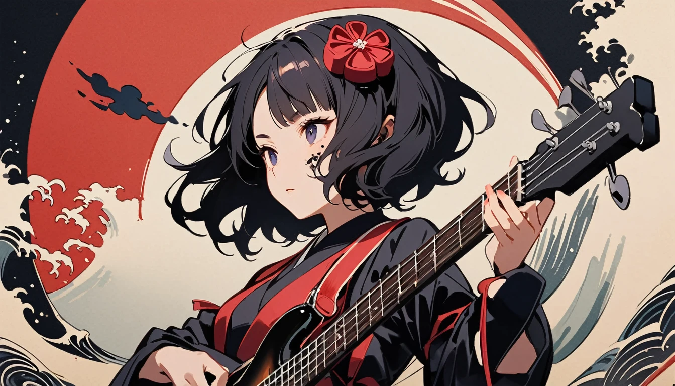 Highest quality, Katsushika Hokusai, Ink Painting, (((Playing the bass guitar))), (((Light colored sunglasses))), (((1 girl))), (((Tattoo on face))), Japanese style headphones, beautiful girl, Black Hair, Delicate and precise, Modern ukiyo-e style, Darkness