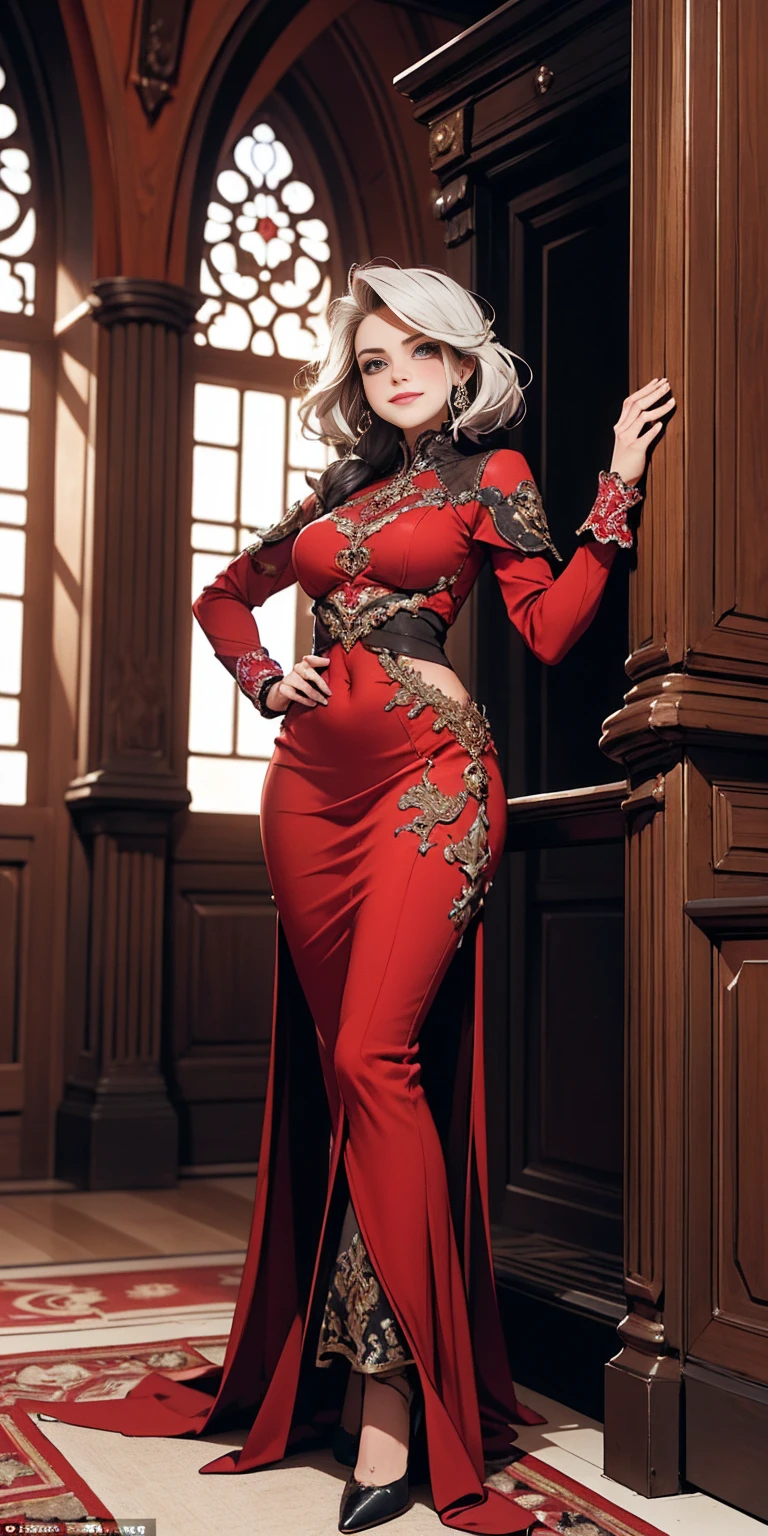 Setting: Royal bedroom - Grand, opulent, with rich fabrics and tapestries Character: Appearance: White hair - Short, styled in a sharp bob Full figure - Curvaceous Attire: High boots - Leather, reaching up the calves Elegant outfit - Befitting the royal setting (consider a dress, gown, or ensemble) Red tattoo - Delicate design on the navel Face - A confident smirk plays on her lips, eyes sparkling with amusement Pose: Full body - Standing tall Hands - Resting on hips in a commanding posture Additional details: (add to the background a four-poster bed, a plush rug, ornate furniture)