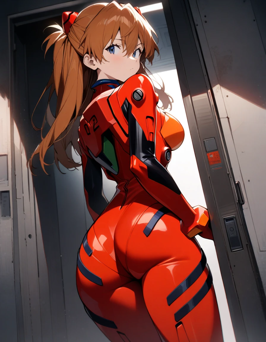 1girl, souryuu asuka langley, neon genesis evangelion, big breasts, red plugsuit, standing at the entrance of a futuristic room. She is positioned with her back to a sliding automatic door., looking back，emphasize buttoks, looking at viewer, masterpiece, best quality, very aesthetic, absurdres,