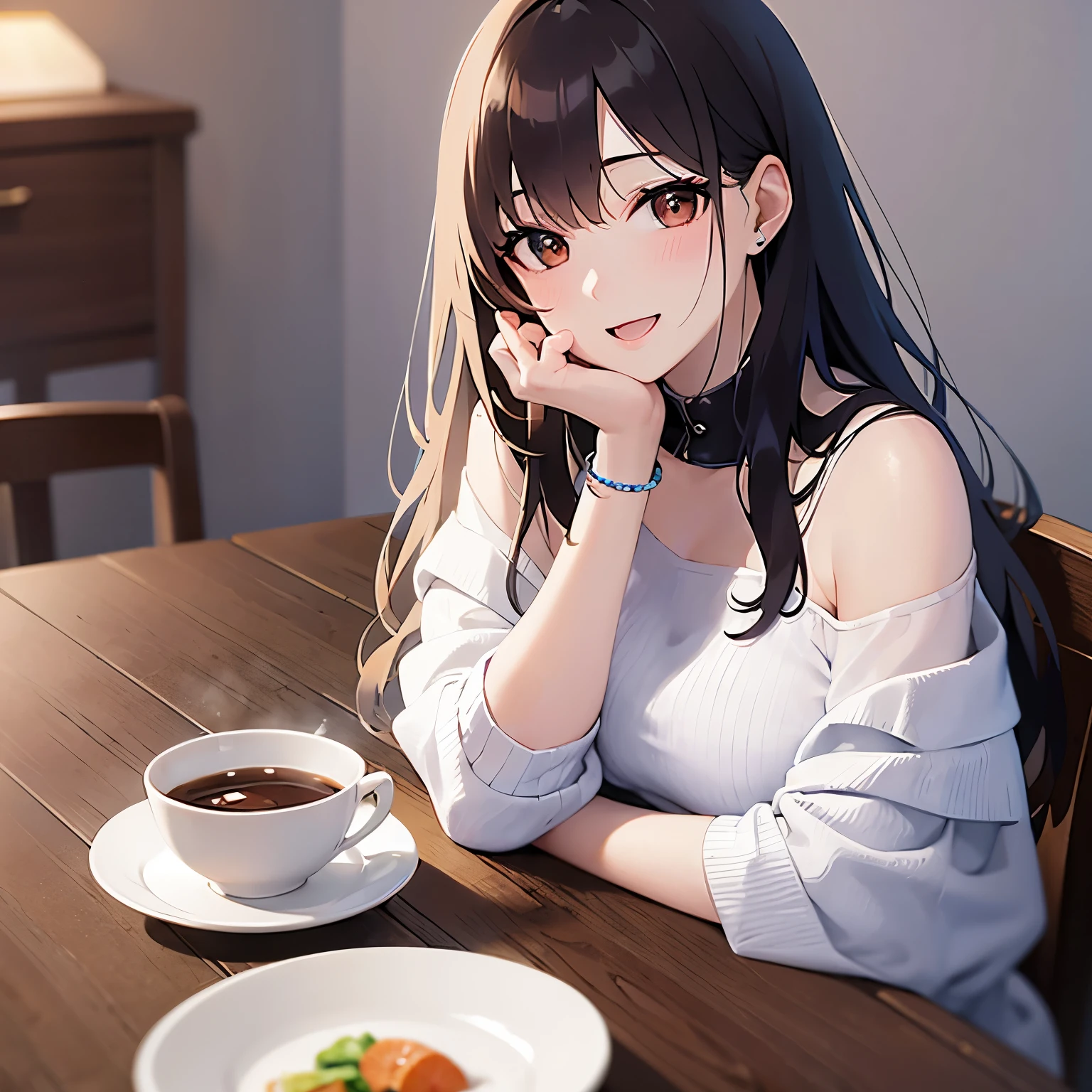 hand on own chin, looking up, Realistic, real person, (pale skin: 1.2), RAW photo, photorealistic, shiny skin, shiny hair、(A 25-year-old woman with medium-length hair and bangs) and (wavy hair) and (brown hair) and (Orange Eyes) , (white) and (off shoulder blouse) 、 (blush:1.3), smile, open mouth、Alone、Are standing、Dining background、sitting at the dining table、