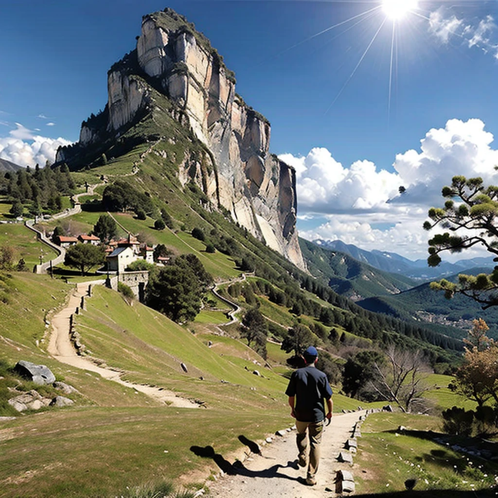 Image of a man standing on the stairs leading to the castle, The Flowery Road to Heaven, author：Yang J, Chinese Fantasy, An ancient road, She is approaching heaven, Sky Bridge, Taoism, author：Han Gan, Taoism大师, To the sky, Heaven&#39;s Gate, by Qu Leilei, The Path to Enlightenment, Cloud Palace