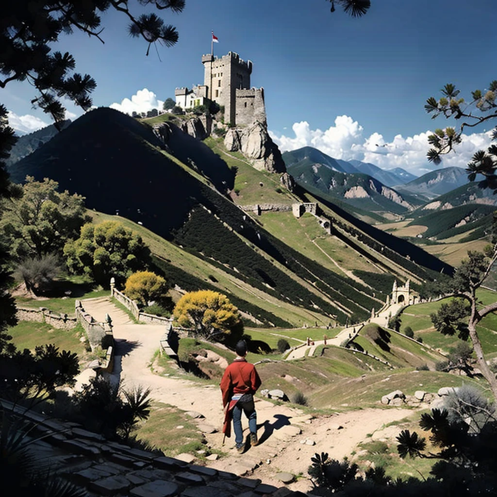 Image of a man standing on the stairs leading to the castle, The Flowery Road to Heaven, author：Yang J, Chinese Fantasy, An ancient road, She is approaching heaven, Sky Bridge, Taoism, author：Han Gan, Taoism大师, To the sky, Heaven&#39;s Gate, by Qu Leilei, The Path to Enlightenment, Cloud Palace