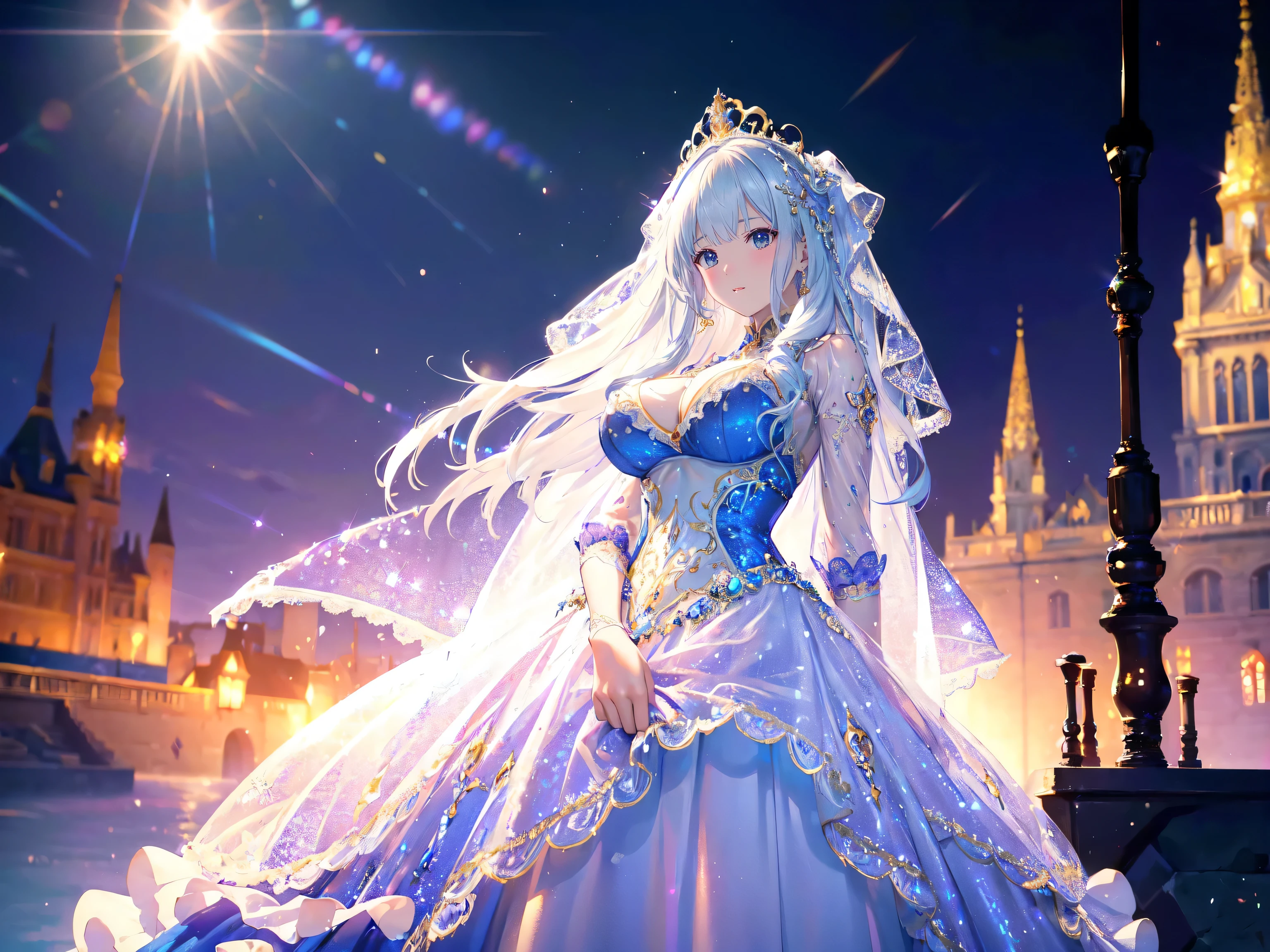(((dress transparent dress))), (((Unsurpassed gorgeous rococo victorian gown with voluminous hoopskirt and long hems, princess style skirt))), (gown brilliances dazzlingly glitter reflective prismatic transparency gown:1.2), (gown ultra elaborate gown:2), (gigantic breasts:1.5), (Expressive hair), very voluminous and very long hair, bangs, super delicate and beautiful face, beautiful lips, (hyper detail delicate beautiful eyes), breasts cleavage, beautiful smile, (((young face, solo Captivating Adorable princess, girl, cute girl, very cute girl))), (anime moe art style1.3), (((Masterpiece, Super detail, top quality, ultra high res, Spectacular Quality, Distinguished Quality, ultra detailed, ultra high res, unity 16k, 32k, ultra photo realistic))), (super detailed skin, perfect anatomy, face focus, eye focus, realistic, blurry background, Lens Flare, Glow, Light caustics effect:1.5), (night royal castle background:1.3),