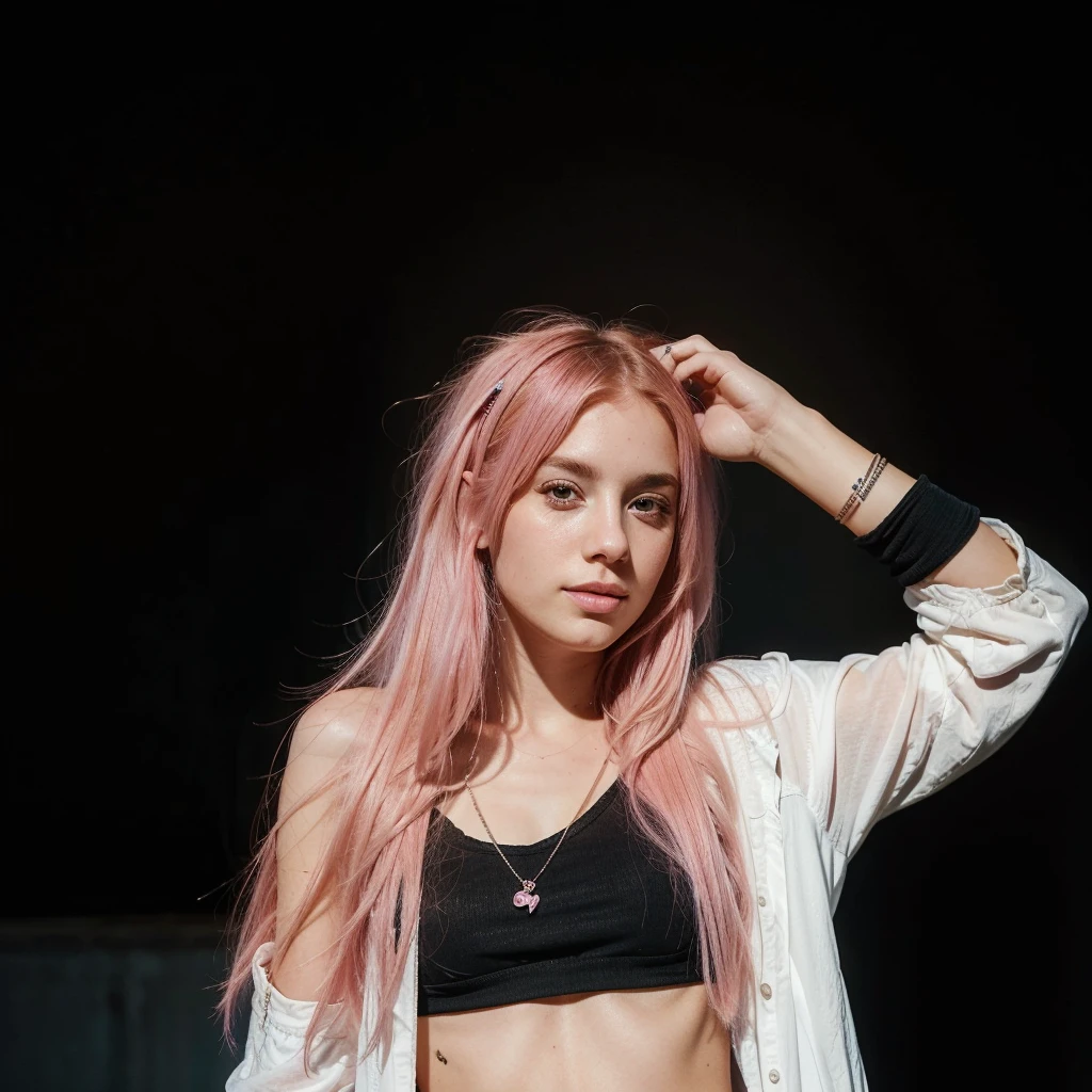25-year-old Caucasian French girl with shoulder-length messy pink hair, adorned with , hair l . Captured in the best quality, this illustration serves as a 4K wallpaper,