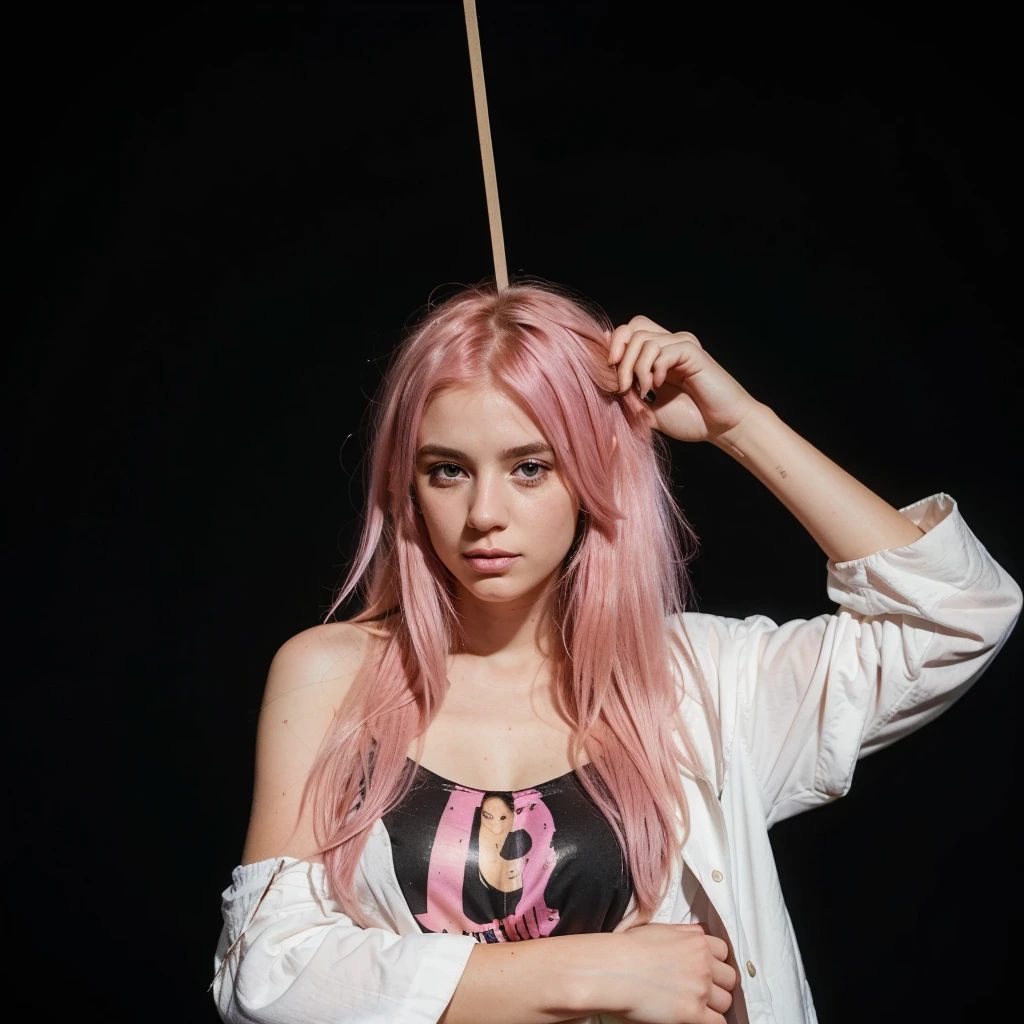 25-year-old Caucasian French girl with shoulder-length messy pink hair, adorned with ,  hair l . Captured in the best quality, this illustration serves as a 4K wallpaper,