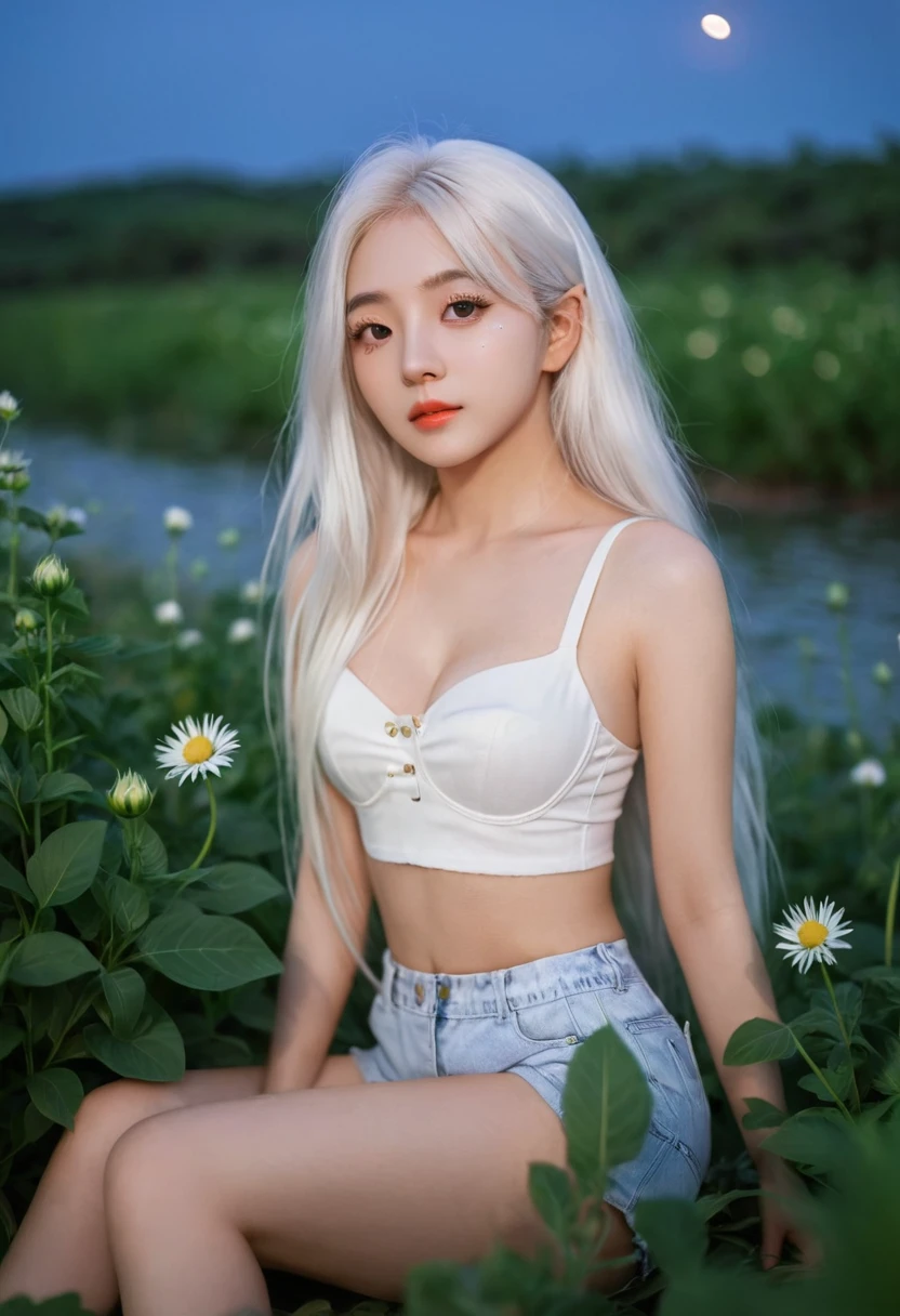 (masterpiece, top quality), one girl with long white hair sitting in a field of green plants and flowers, warm moonlight, blurry foreground, loli, river bank, bra shorts, odd eyes