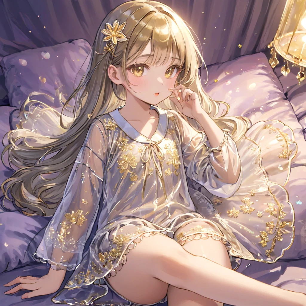 , 1people、Pajamas、Gold and silver thread embroidery、Wearing semi-transparent bloomers that reach down to the knees、Translucent slip