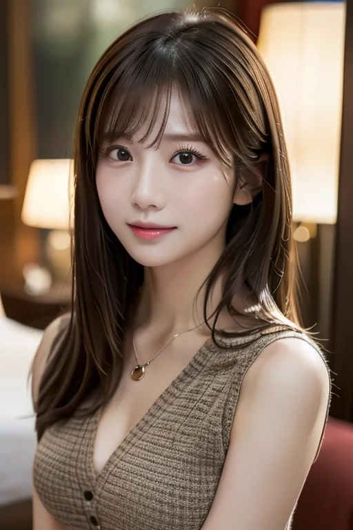 japanese01、((8ｋ))、 Highest quality、 (Hotel Rooms）, Elegant clothes, （Looking at the audience）,, Light Brown Hair,The body is looking at the front、japaneese、28 years old、necklace、Sexy look、