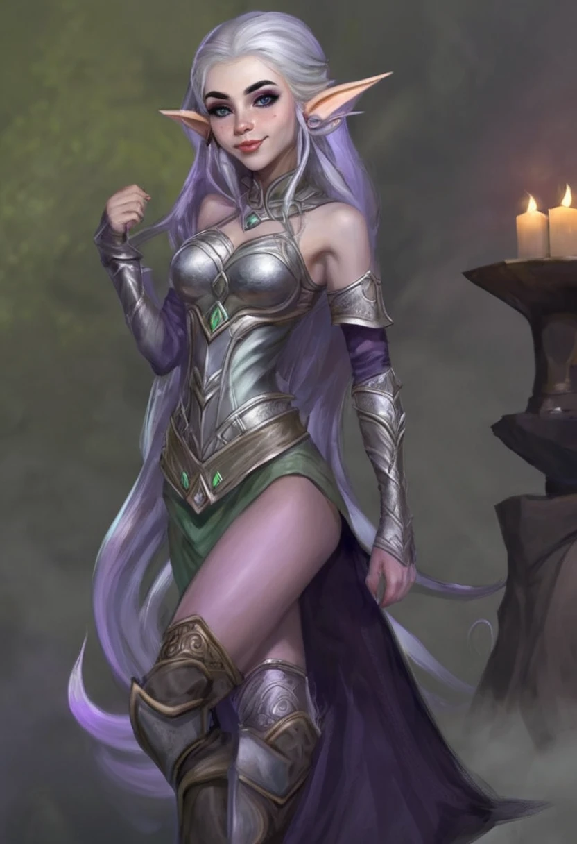 generate an image of a full-bodied D&D elf with grayish purple skin, facial features similar to Sabrina Carpenter, long hair silver grey, elf ears, and a proportionally large chest, wearing clothing or armor appropriate for a D&D elf.