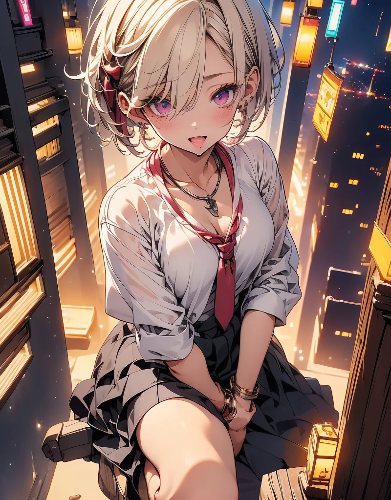 (Highest quality、High resolution、8K、masterpiece:1.2)。Look away、Open your mouth、Pink Eyes、Silver Hair、Heart shaped pupil、teeth、tongue、tongueを出す、（Original Character, (1 Girl)、Perfect Face、((short hair:1.2))、(Hair above one eye:1.3)、[[Disheveled Hair]]、colorfulな髪、Detailed eyes that shine、Light and shadow、Glowing Skin、 (Curvy but slim), ((High angle shot))、Sexy look、Use something sexy、（background：Mountain、岩Mountain、forest、nature）Full body、bracelet、necklace、Wild child、Wild childスタイル、Disheveled clothes、sunglasses、Follow the Silver Wolf、Tarzan、natureで育った、cyborg、colorful、
