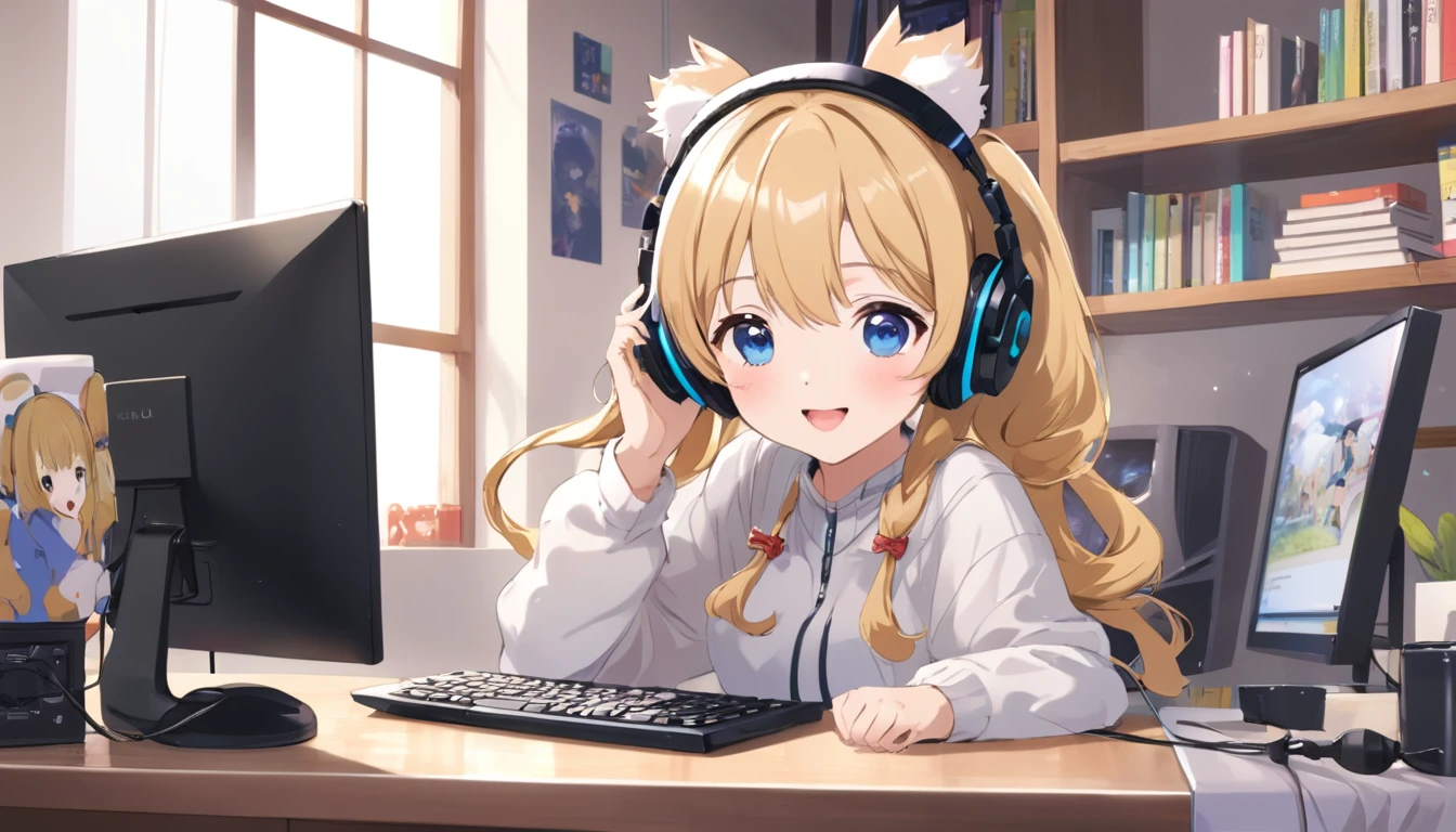 Cute girl wearing headphones、They seem to be having fun.、There is a computer and a mug on the desk、Idol、Japanese anime style