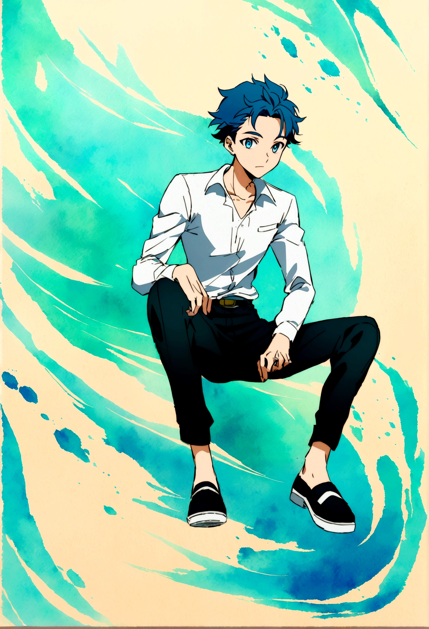 anime boy sitting on a blue watercolor splash background, Animation drawn by Yuumei, Pixif, Process art, Tall anime man with blue eyes, anime boy, high quality Anime art style, Anime style 4k, Young anime man, Anime art style, anime art wallpaper 8 k, 2D anime style, anime style character, Anime full body illustration