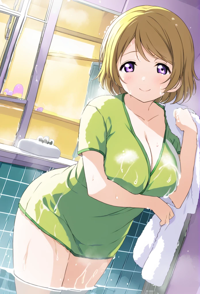 Hanayo Koizumi Shaggy Bob Purple eyes Yellow-brown hair Quite large breasts Wrap a bath towel around your body shower room I take a shower smile Soaking wet
