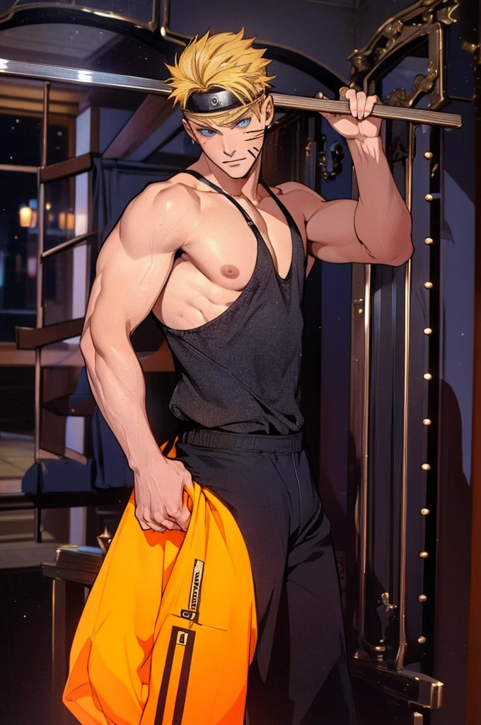 ((work of art, best qualityer)), ung boy, (mature man:1.4), 130 mmf1.4 lenses, 1 yoboy, standing alone, heart-shaped pupils, From above, naruto, big pectorals, saturados, colorfully, yellow hair, hair blonde, naruto hair, multi colored eyes (((1boy))), ((toned)), male focus, Masterpiece artwork, high qualiy, (Masterpiece artwork:1.2), (best qualityer:1.2), shining skin, realisitic, ornate, intricate, ((blondie hair)), (short hair), blue colored eyes,bangss, hair between the eyes, chic, looking_at_viewer, holding_fan, red_eyeliner, FH, crazy eyes, gazing at viewer, constricted pupils, dynamic pose, (shadows cast over the face:1.3), dark bedroom, shadow room