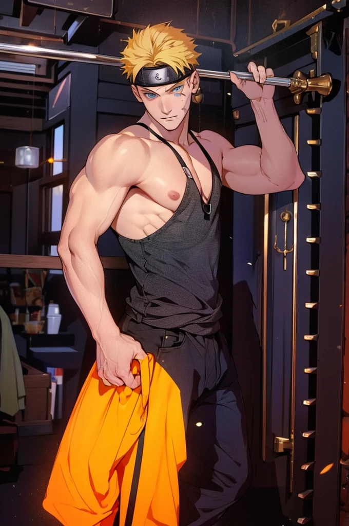 ((work of art, best qualityer)), ung boy, (mature man:1.4), 130 mmf1.4 lenses, 1 yoboy, standing alone, heart-shaped pupils, From  above, naruto, big pectorals, saturados, colorfully, yellow hair, hair blonde, naruto hair, multi colored eyes (((1boy))), ((toned)), male focus, Masterpiece artwork, high qualiy, (Masterpiece artwork:1.2), (best qualityer:1.2), shining skin, realisitic, ornate, intricate, ((blondie hair)), (short hair), blue colored eyes,bangss, hair between the eyes, chic, looking_at_viewer, holding_fan, red_eyeliner, FH, crazy eyes, gazing at viewer, constricted pupils, dynamic pose, (shadows cast over the face:1.3), dark bedroom, shadow room