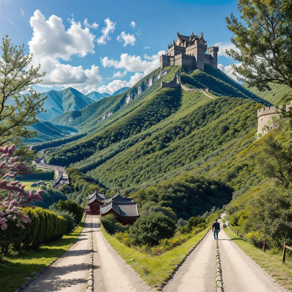 Image of a man standing on the stairs leading to the castle, The Flowery Road to Heaven, author：Yang J, Chinese Fantasy, An ancient road, She is approaching heaven, Sky Bridge, Taoism, author：Han Gan, Taoism大师, To the sky, Heaven&#39;s Gate, by Qu Leilei, The Path to Enlightenment, Cloud Palace