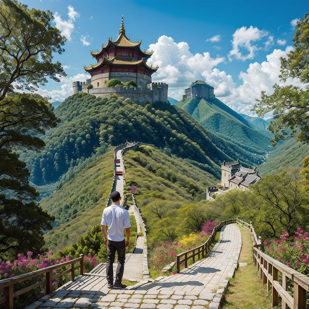 Image of a man standing on the stairs leading to the castle, The Flowery Road to Heaven, author：Yang J, Chinese Fantasy, An ancient road, She is approaching heaven, Sky Bridge, Taoism, author：Han Gan, Taoism大师, To the sky, Heaven&#39;s Gate, by Qu Leilei, The Path to Enlightenment, Cloud Palace