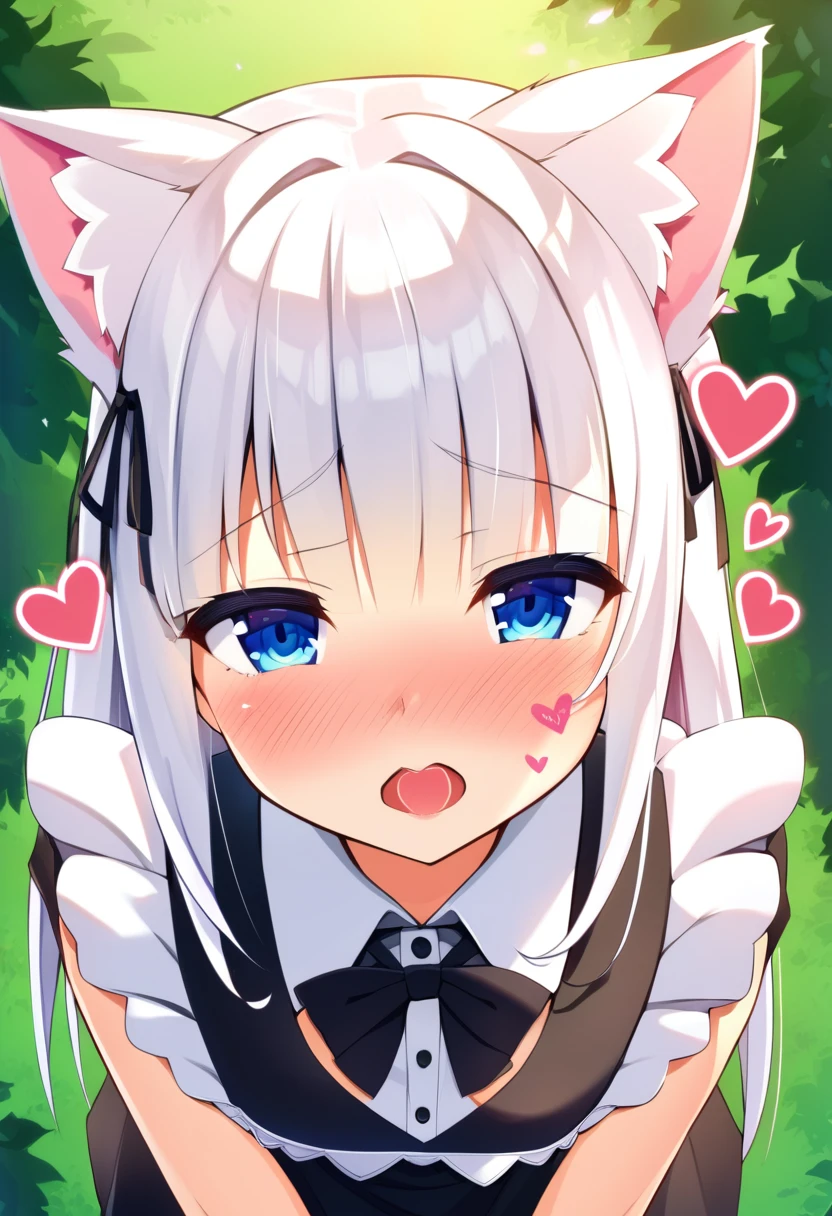 one girl, cat ears, white hair, naive, aphrodisiac, maid, light blue eyes, blush, erotic hypnosis, standing, face focus, shy, bow, heart eyes, 13 years old, open mouth, sexy mouth