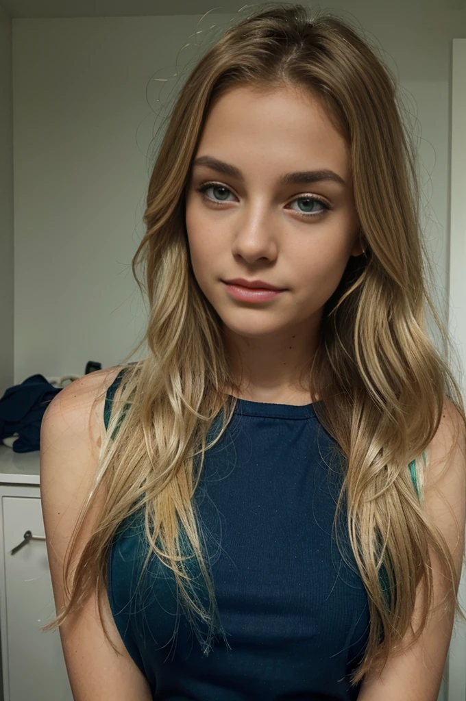 european blonde, see Italian, without makeup with eyes between blue and green, wavy hair without background