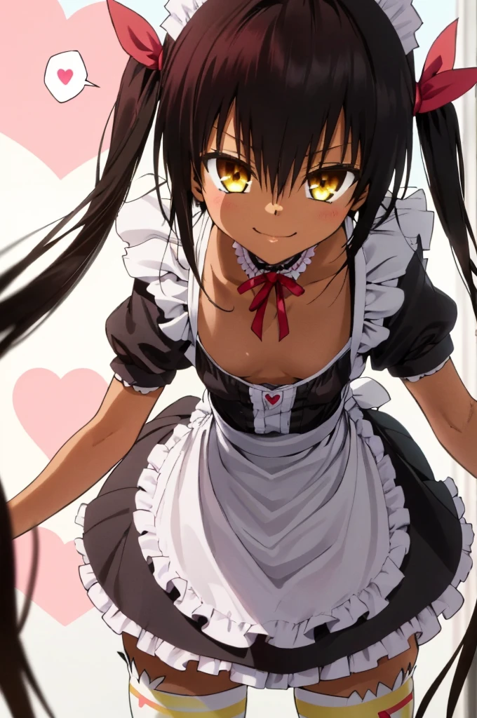 1girl, aster nemesis, dark-skinned female, black hair, very long hair, yellow eyes, flat chest , twin tails, looking at viewer, , , tanned body,from below, ,,***,,smile,,(spoken heart),(((maid costume))),miniskirt,thighhighs,,ass,from back