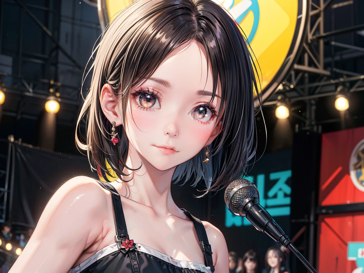 ((Best of the highest quality, 8k, Masterpiece, raw photo: 1.1)), (Sharp focus: 1.1), (1 AESPA, slim body type female, 22 y/o: 1.1), solo, Portrait Waist Up, (realistic, photo-realistic:1.37), face focus, cute face, finely eyes, (forehead, short hair, updo: 1.28), (sharp chin, droopy eyes: 1.32), (Emphasize prominent aegyo-sal with bright: 1.28), shimmering eyeshadow applied under the lower lash line, paired with thick, (small breasts, flat chest: 1.2), alternative outfit, tube top, walking on stage, microphone, flower,