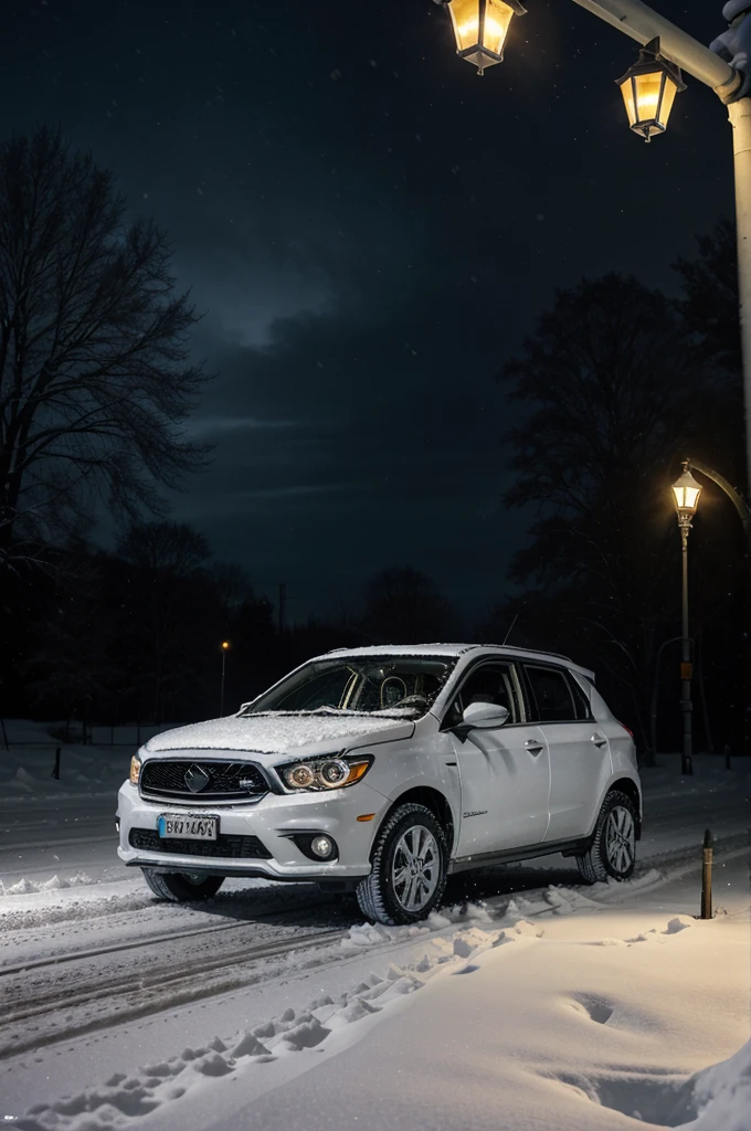 As the snowflakes gently fall, a small car slides on the icy road, its tires struggling to grip. The vehicle drifts towards a streetlight, and with a soft crunch, makes contact. The streetlight wobbles, its light flickering wildly, casting an intense, blinding glow across the snow-covered scene. And out steps [Hero's Name], emerging from the wreckage with grace and poise, as if illuminated by an inner light. The streetlight's continued flashing casts an otherworldly aura around him . signaling the arrival of a special presence."