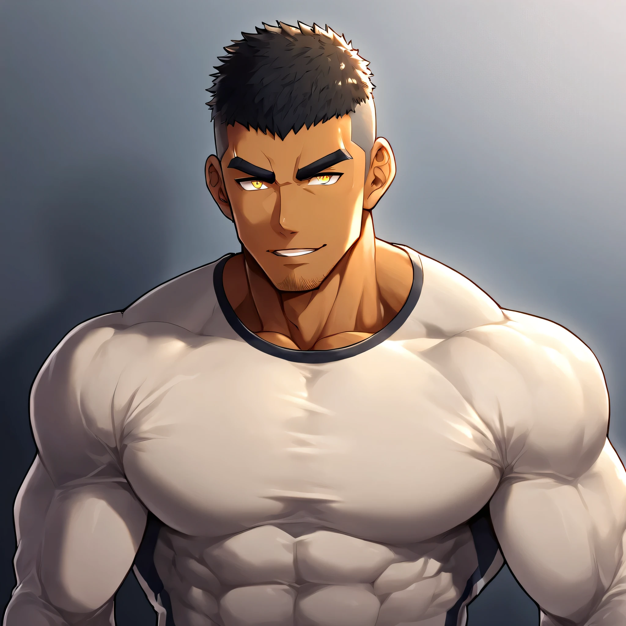 anime characters：Gyee, Muscle Sports Student, negro black skin, 1 dark skin muscular tough guy, Manliness, male focus, Light yellow high collar long sleeve tight T-shirt, Slightly transparent material, Very tight, Round, full and perky chest muscles, Slightly transparent, muscular male, muscular, only, Upper body, alone, Black short hair, Thick eyebrows, stubble, Yellow eyes, Grey background, simple background, amazing quality, best aesthetics, Ridiculous, bright pupils, crew cut, parted lips, seductive smile, torogao, naughty face, drop shadow, best quality