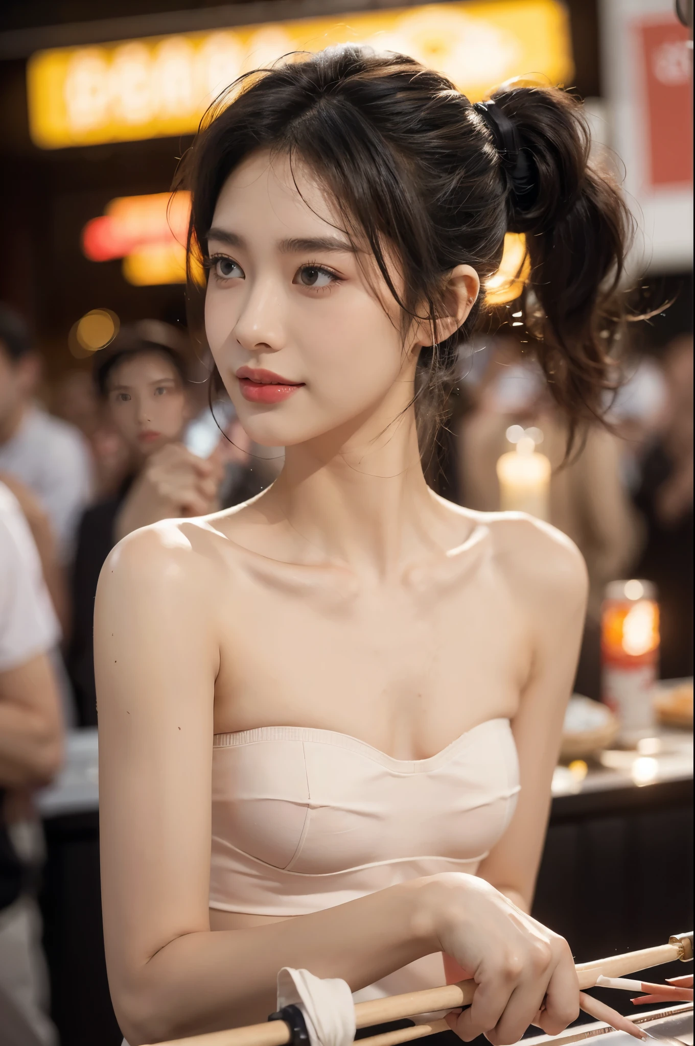 (((best quality))),(((ultra detailed))),(((masterpiece))),illustration,((1 beautiful girl,solo)),((slim,thin)),((small breasts,flat chest)),summer night,metropolis,((barbecue joint)),humble,vibrant energy,city that never sleeps,(short ponytail:1.2),(((female orgasmic,blush))),(sweat:1.3),(shiny skin:1.5),(strapless sheer bra:1.3),lightweight,practicality,((sizzling hot grill)),smooth,tanned skin,soft glow,skillfully,((skewers,meat)),intense concentration,bright eyes,alert,passion for work,atmosphere,vibrant,dynamic,laughter,conversation,sizzle,crackle,aromatic scent,tinged,radiant smile,genuine enjoyment,easy manner,warm presence,community,dedication,beauty in simplicity,midst of bustling city streets,outdoor,midnight,((from front,close-up of face)),(surrounded by crowded crowds:1.3)