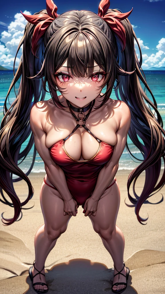 Type: digital art style:sex hot, big breasts, Animated style color: Predominantly red with black and white contrasts., eye color: bright crimson red, with light reflections. Black hair color with red highlights., hairstyle: Long with two pigtails, Adorned with traditional red and gold hair ornament. Mischievous and playful smile with a touch of mischief.))), muscular and sadistic legs, (((beach scene))), standing, (Full body photo), well-groomed nails, Red nails, {{{wearing a very short and sexy bikini}}}, HDR