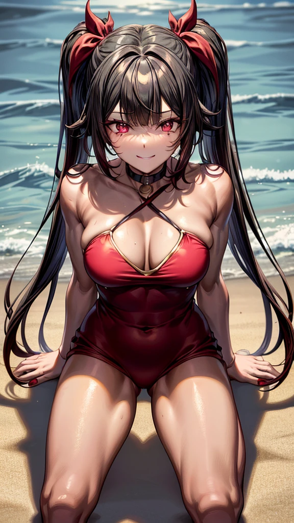 Type: digital art style:sex hot, big breasts, Animated style color: Predominantly red with black and white contrasts., eye color: bright crimson red, with light reflections. Black hair color with red highlights., hairstyle: Long with two pigtails, Adorned with traditional red and gold hair ornament. Mischievous and playful smile with a touch of mischief.))), muscular and sadistic legs, (((beach scene))), standing, (Full body photo), well-groomed nails, Red nails, {{{wearing a very short and sexy bikini}}}, HDR