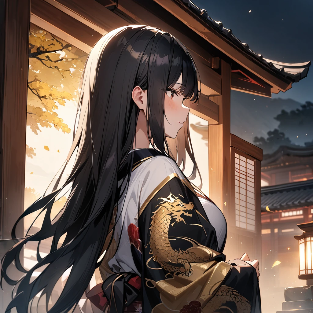 girl,Japanese style,Japanese Pattern,Black Hair,Long Hair,masterpiece, best quality, very aesthetic, absurdres,Gold and Black,Gold Leaf,Japanese styleの背景,Dragon print