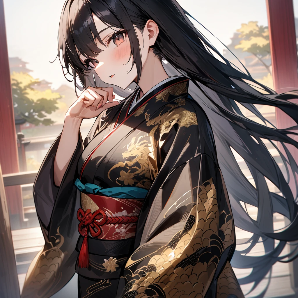 girl,Japanese style,Japanese Pattern,Black Hair,Long Hair,masterpiece, best quality, very aesthetic, absurdres,Gold and Black,Gold Leaf,Japanese styleの背景,Dragon print
